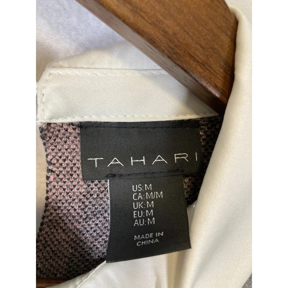 Preppy Tahari Women‎ Medium Grey Pink Plaid Layered Look Collared Sweater